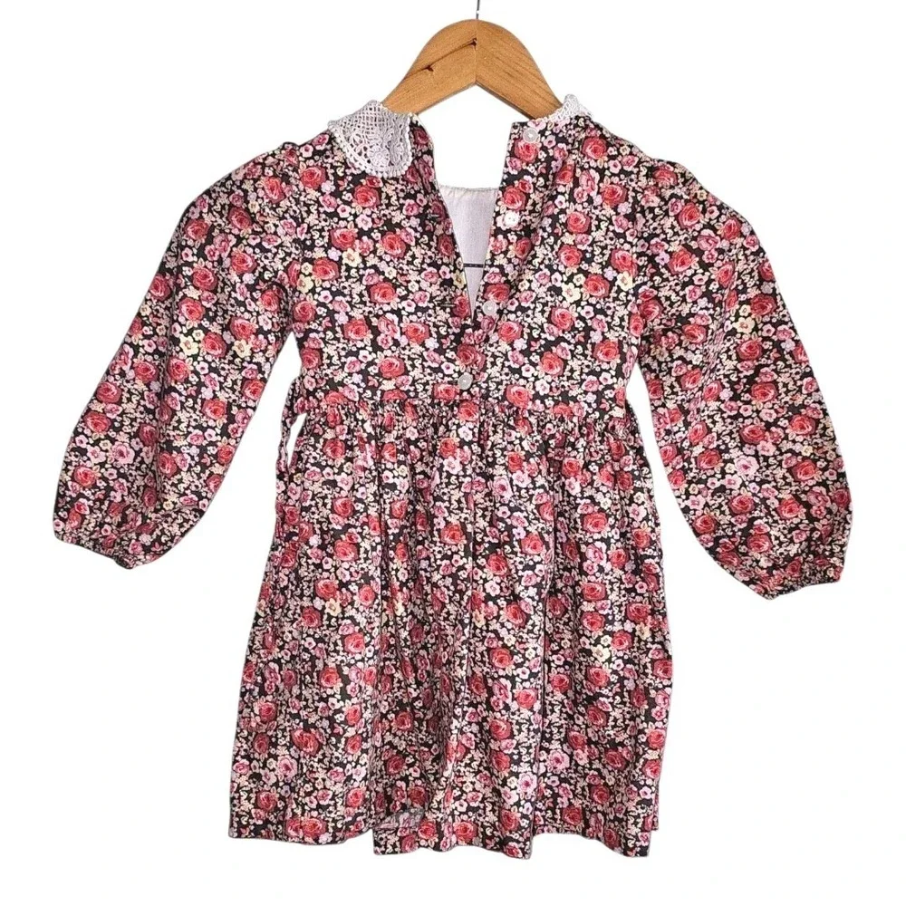 Bonnie Jean Ditzy Floral Smocked Lace Collar Long Sleeve Dress Size 5‎